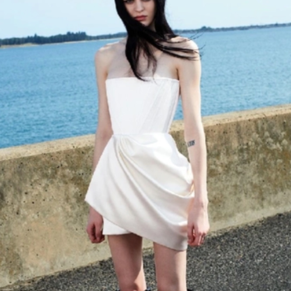 Alex Perry, White, Draped stretch crepe strapless mini dress, US size 6